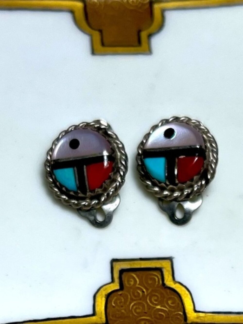 Sterling Vintage Earrings Turquoise/Red Coral/ Mother of Pearl Native American